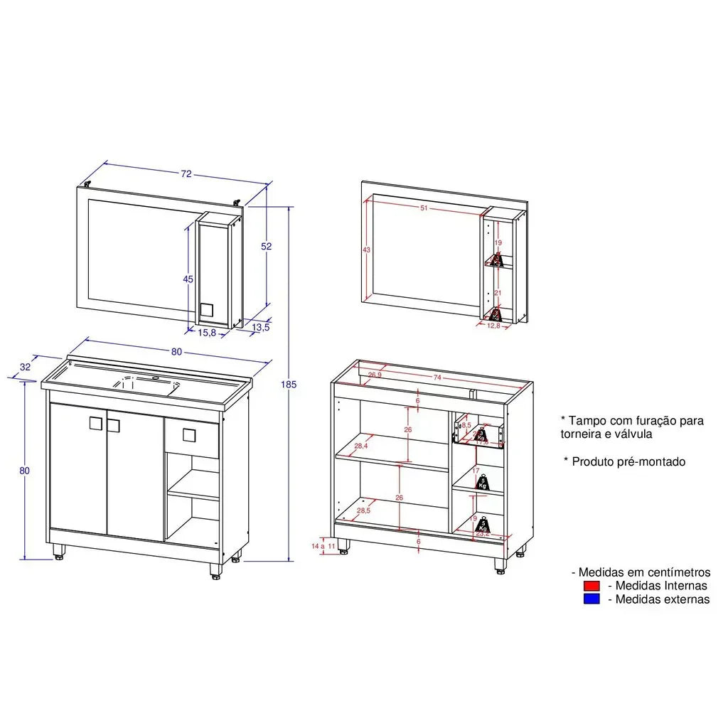 Armário Conjunto de Banheiro com Gabinete, Cuba e Espelheira 3 Portas Viena 80 cm